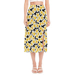 White And Black Frangipani Pattern Print Side Slit Midi Skirt