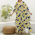 White And Black Frangipani Pattern Print Silk V-Neck Kaftan Dress
