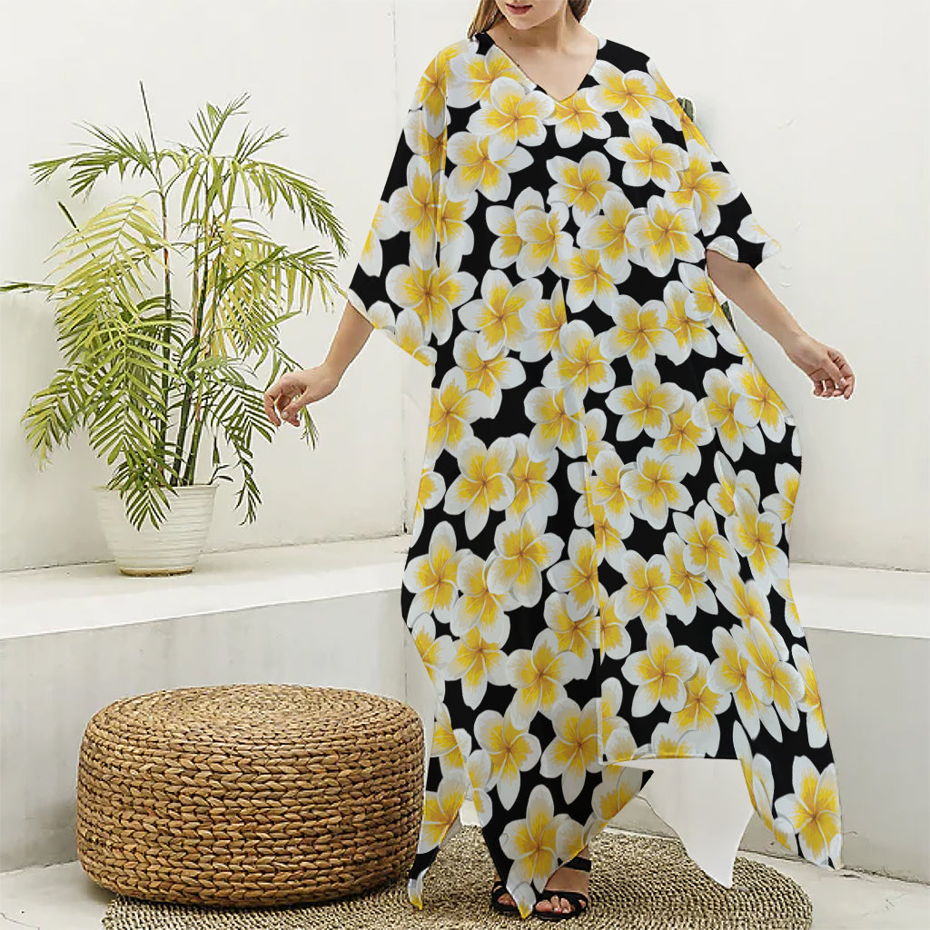 White And Black Frangipani Pattern Print Silk V-Neck Kaftan Dress