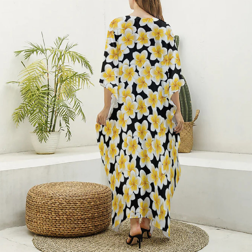 White And Black Frangipani Pattern Print Silk V-Neck Kaftan Dress
