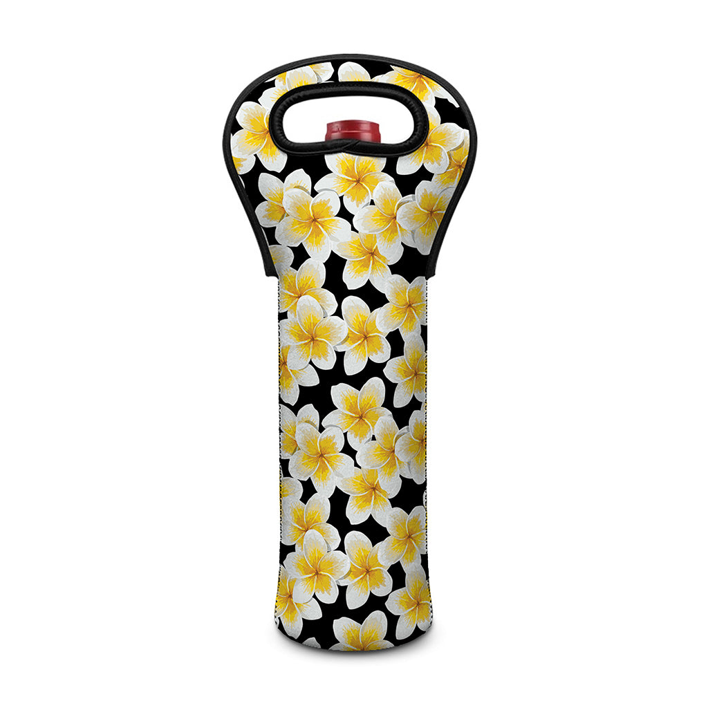 White And Black Frangipani Pattern Print Single Neoprene Wine Tote