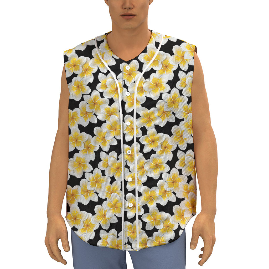 White And Black Frangipani Pattern Print Sleeveless Baseball Jersey