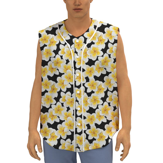White And Black Frangipani Pattern Print Sleeveless Baseball Jersey