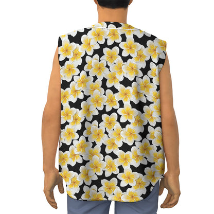 White And Black Frangipani Pattern Print Sleeveless Baseball Jersey
