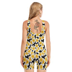 White And Black Frangipani Pattern Print Sleeveless One Piece Swimsuit