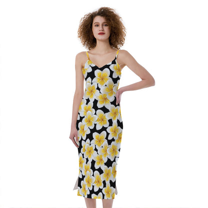 White And Black Frangipani Pattern Print Slim Fit Midi Cami Dress