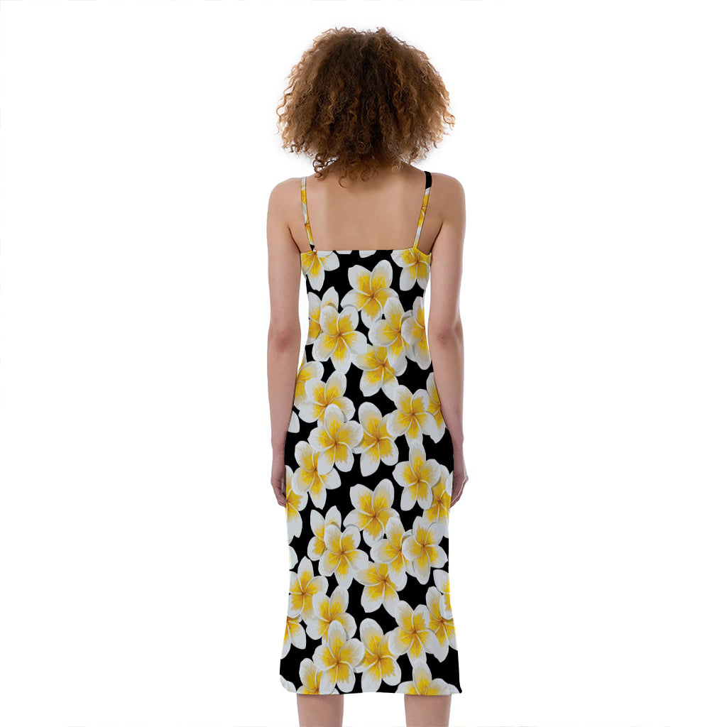 White And Black Frangipani Pattern Print Slim Fit Midi Cami Dress