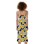 White And Black Frangipani Pattern Print Slim Fit Midi Cami Dress
