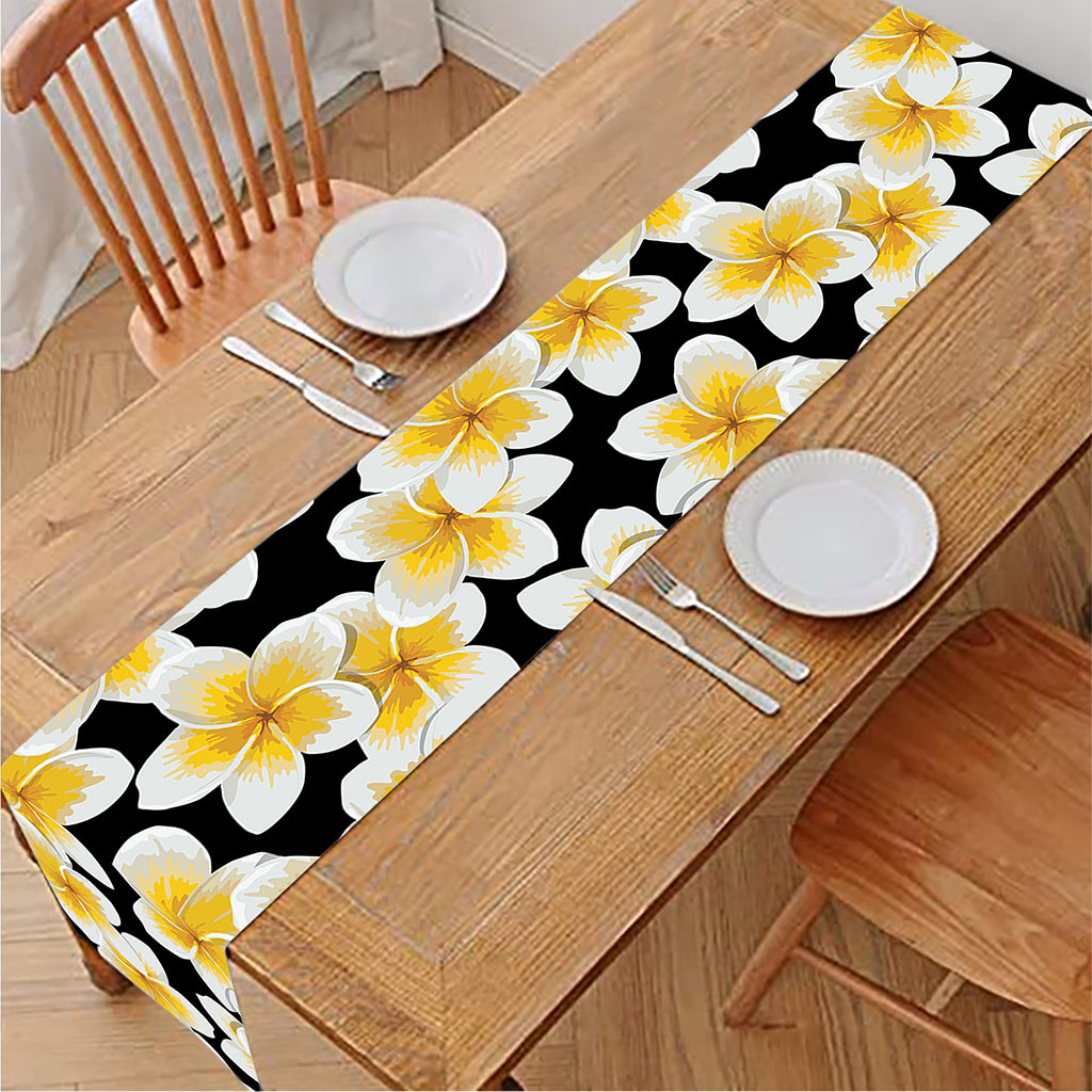 White And Black Frangipani Pattern Print Table Runner