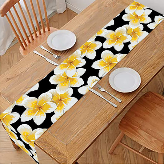 White And Black Frangipani Pattern Print Table Runner