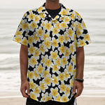 White And Black Frangipani Pattern Print Textured Short Sleeve Shirt