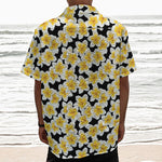 White And Black Frangipani Pattern Print Textured Short Sleeve Shirt