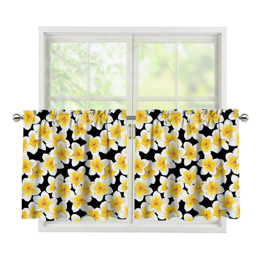 White And Black Frangipani Pattern Print Tier Curtains