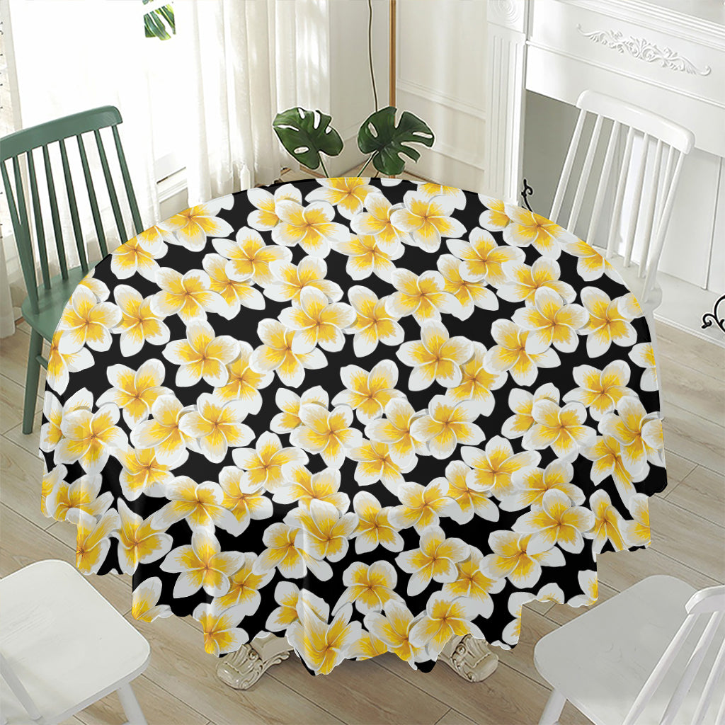 White And Black Frangipani Pattern Print Waterproof Round Tablecloth