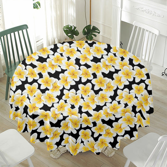 White And Black Frangipani Pattern Print Waterproof Round Tablecloth
