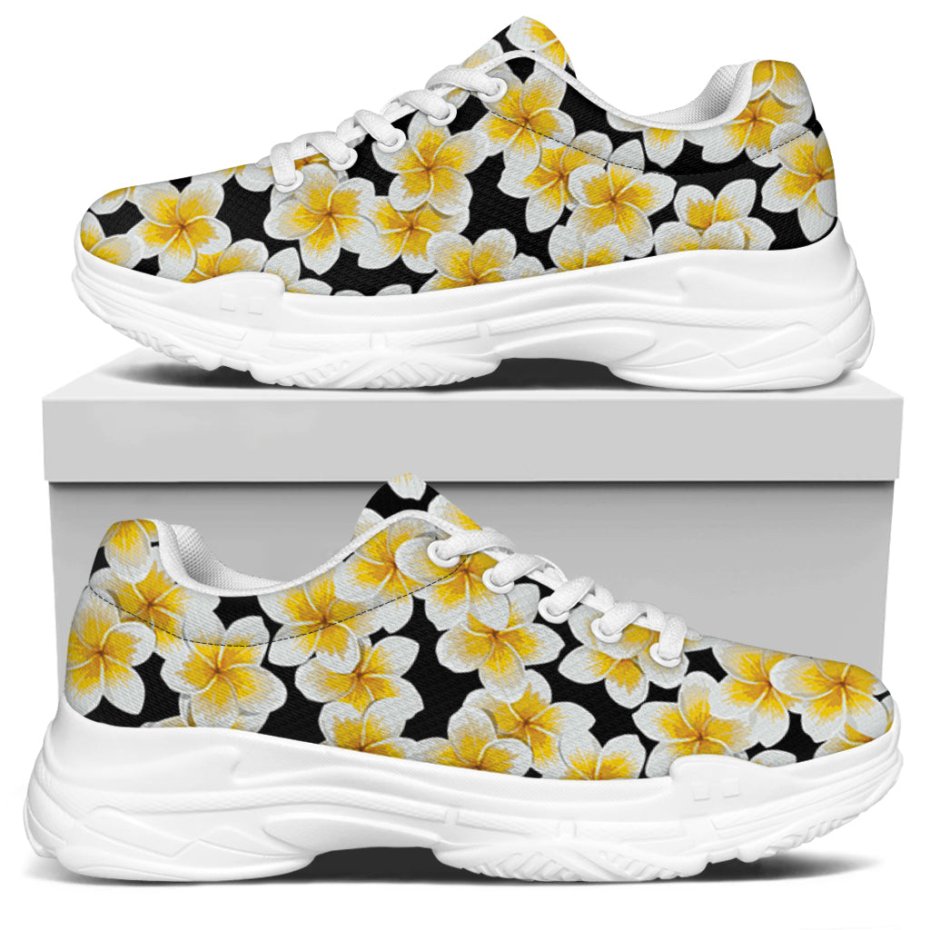 White And Black Frangipani Pattern Print White Chunky Shoes