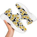 White And Black Frangipani Pattern Print White Chunky Shoes