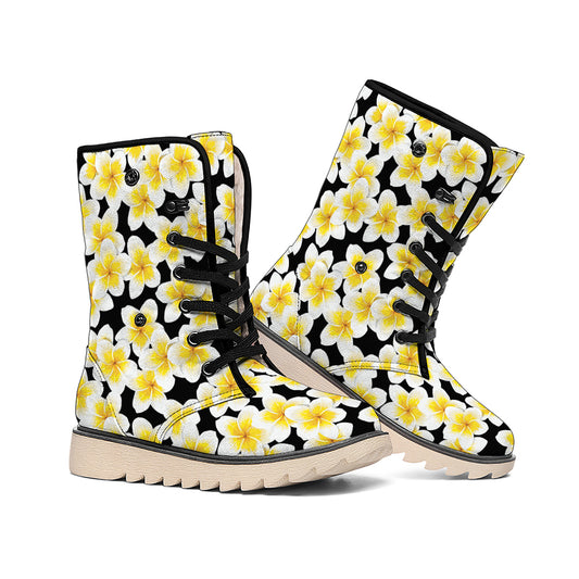 White And Black Frangipani Pattern Print Winter Boots
