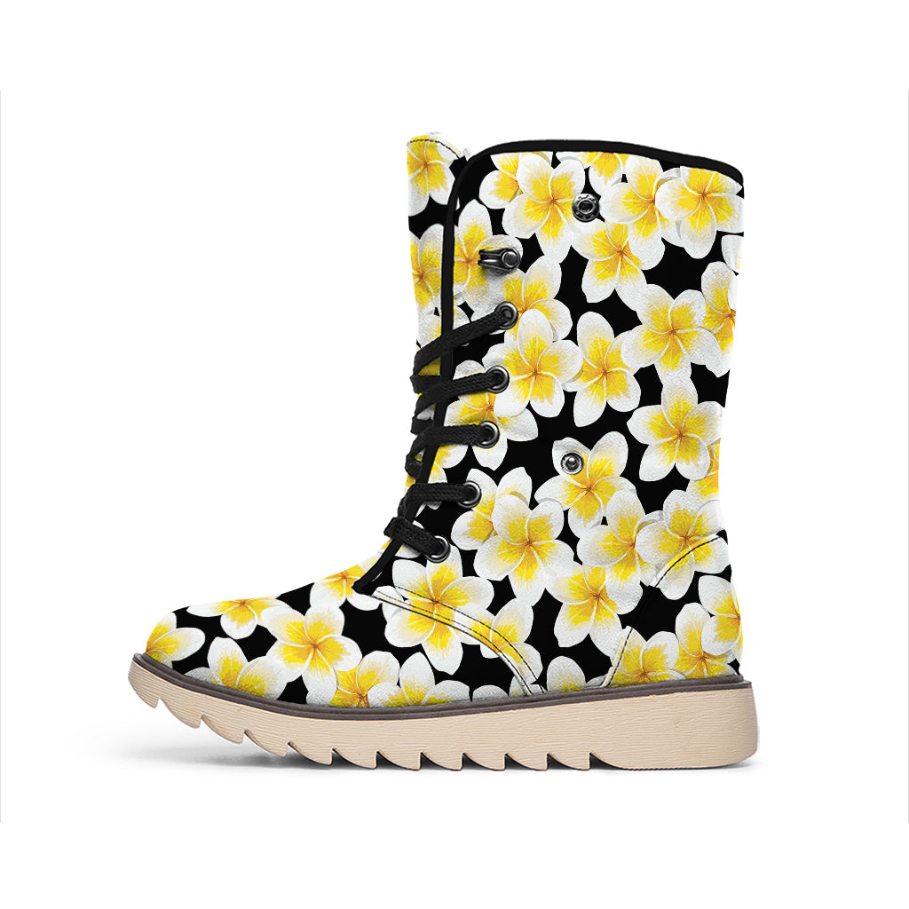 White And Black Frangipani Pattern Print Winter Boots