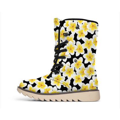 White And Black Frangipani Pattern Print Winter Boots