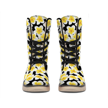 White And Black Frangipani Pattern Print Winter Boots