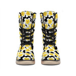 White And Black Frangipani Pattern Print Winter Boots