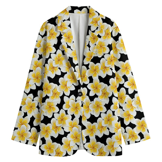 White And Black Frangipani Pattern Print Women's Blazer