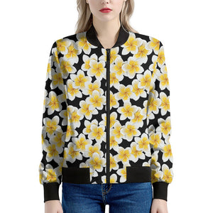 White And Black Frangipani Pattern Print Women's Bomber Jacket