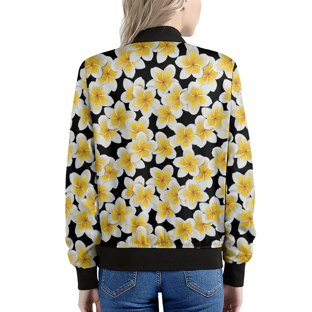 White And Black Frangipani Pattern Print Women's Bomber Jacket