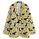 White And Black Frangipani Pattern Print Women's Cotton Blazer