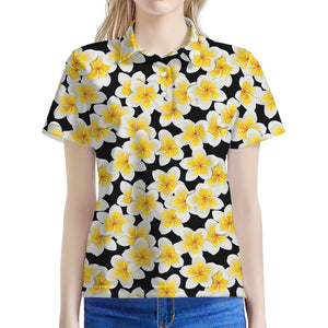 White And Black Frangipani Pattern Print Women's Polo Shirt