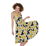 White And Black Frangipani Pattern Print Women's Sleeveless Dress