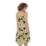 White And Black Frangipani Pattern Print Women's Sleeveless Dress