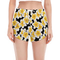 White And Black Frangipani Pattern Print Women's Split Running Shorts