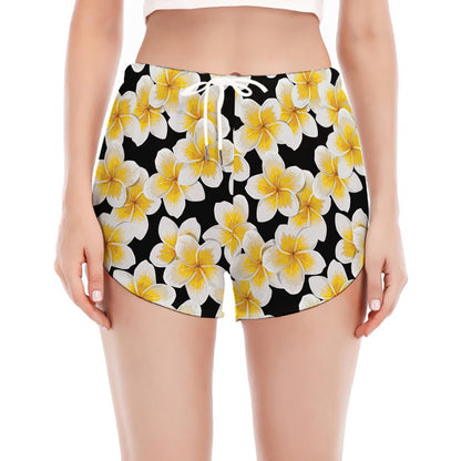 White And Black Frangipani Pattern Print Women's Split Running Shorts