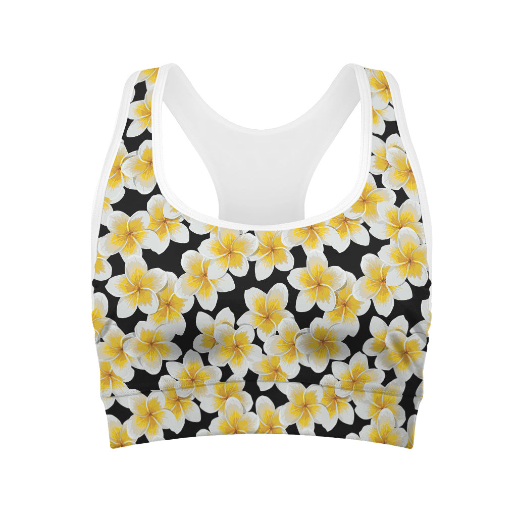 White And Black Frangipani Pattern Print Women's Sports Bra