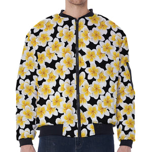 White And Black Frangipani Pattern Print Zip Sleeve Bomber Jacket