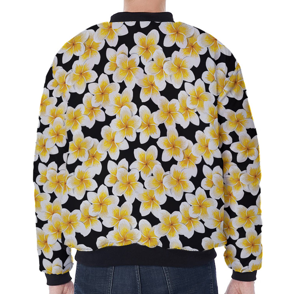 White And Black Frangipani Pattern Print Zip Sleeve Bomber Jacket