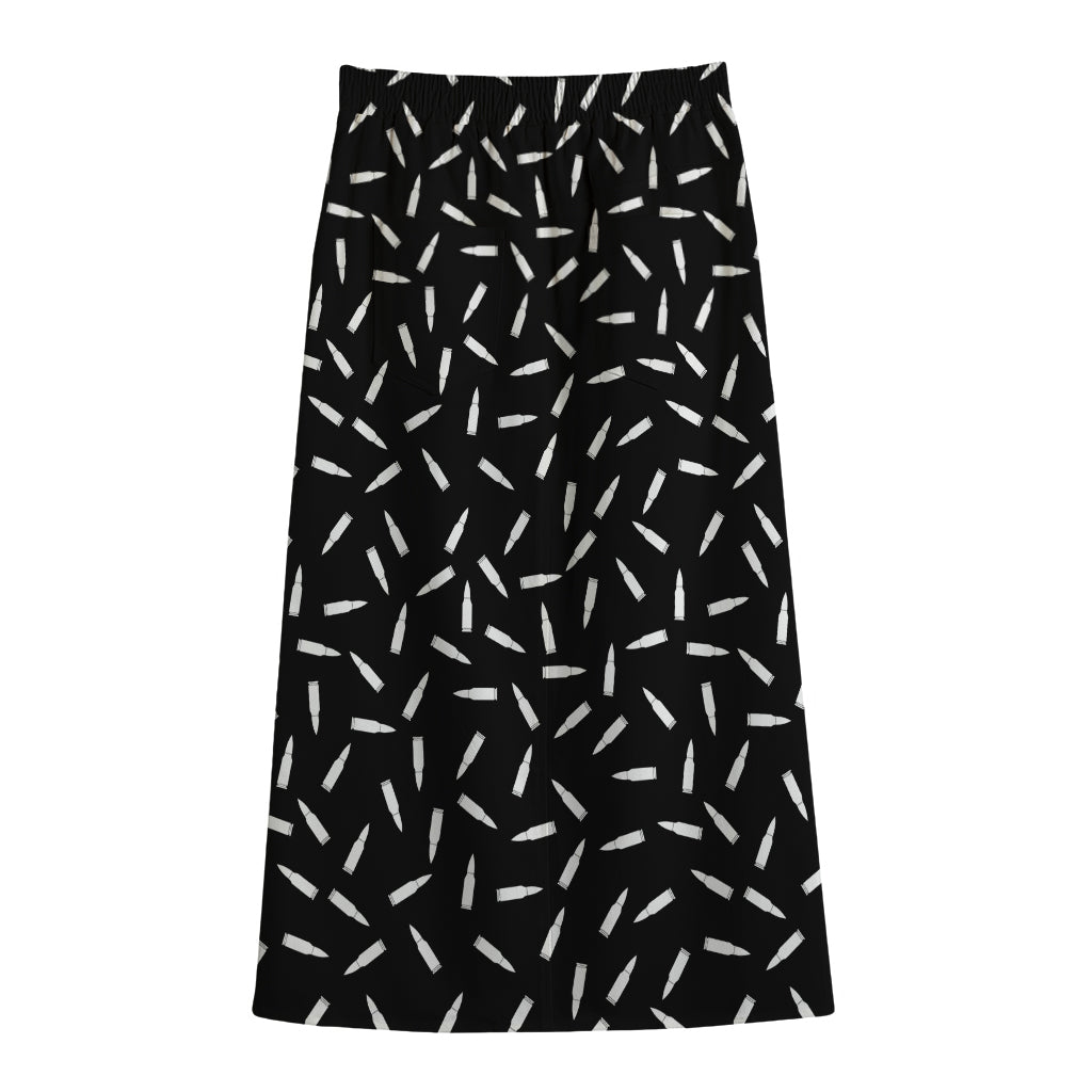 White And Black Gun Bullet Pattern Print Cotton Front Slit Maxi Skirt