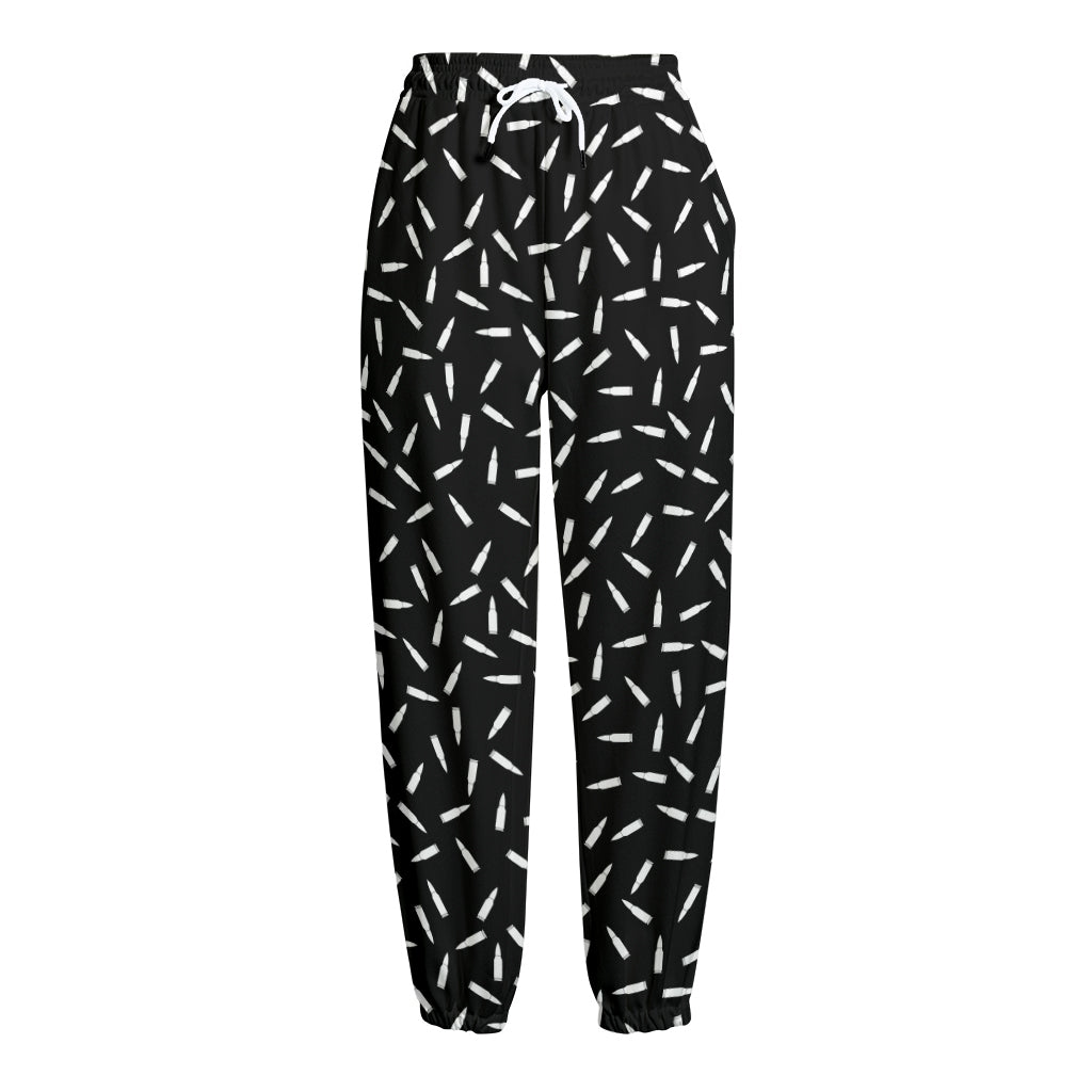 White And Black Gun Bullet Pattern Print Fleece Lined Knit Pants