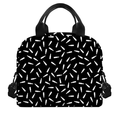 White And Black Gun Bullet Pattern Print Insulated Lunch Bag
