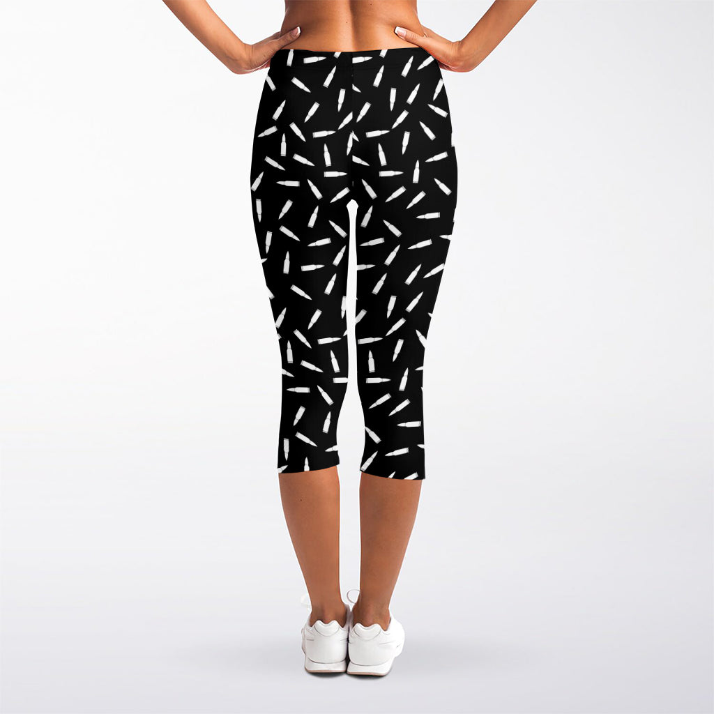 White And Black Gun Bullet Pattern Print Women's Capri Leggings