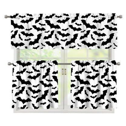 White And Black Halloween Bat Print 3 Piece Kitchen Curtains