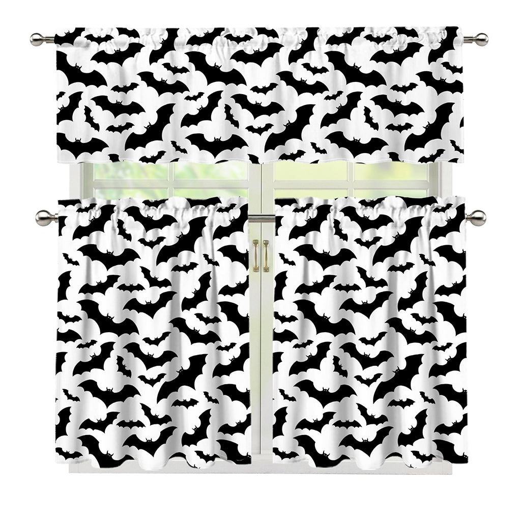 White And Black Halloween Bat Print 3 Piece Kitchen Curtains