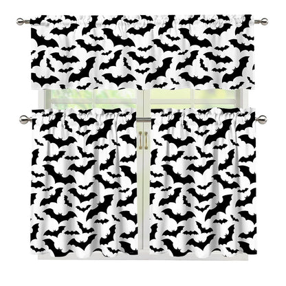 White And Black Halloween Bat Print 3 Piece Kitchen Curtains