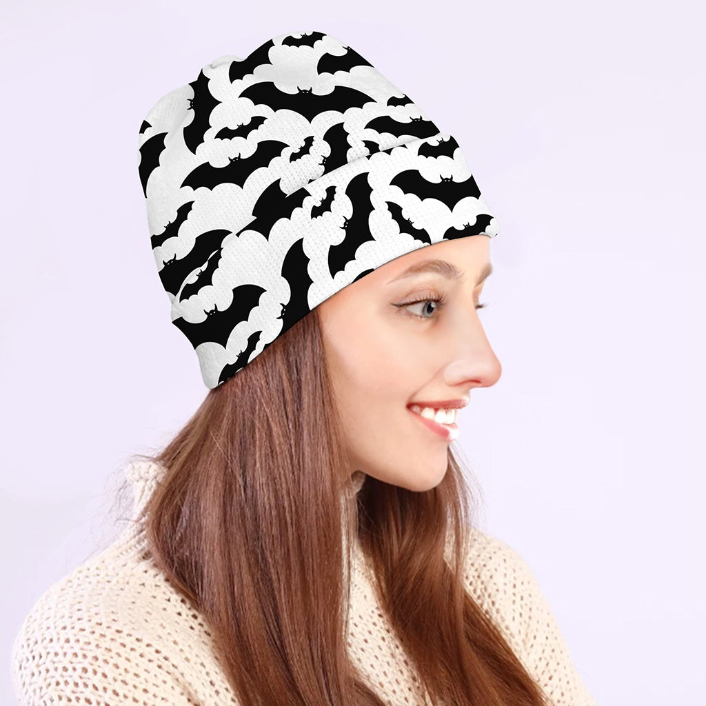 White And Black Halloween Bat Print Beanie