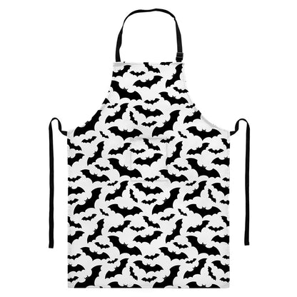 White And Black Halloween Bat Print Bib Apron With Pocket