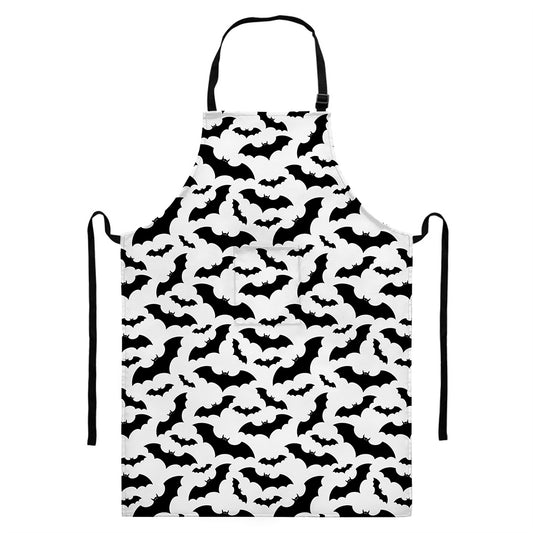 White And Black Halloween Bat Print Bib Apron With Pocket