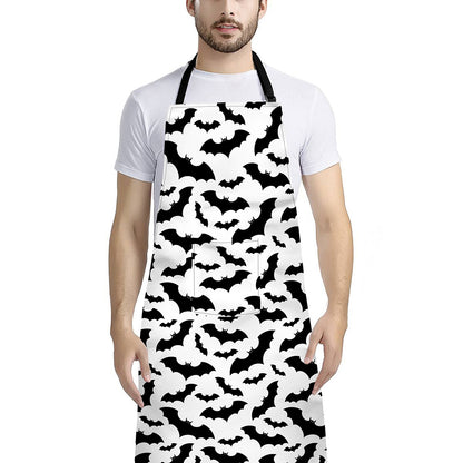 White And Black Halloween Bat Print Bib Apron With Pocket