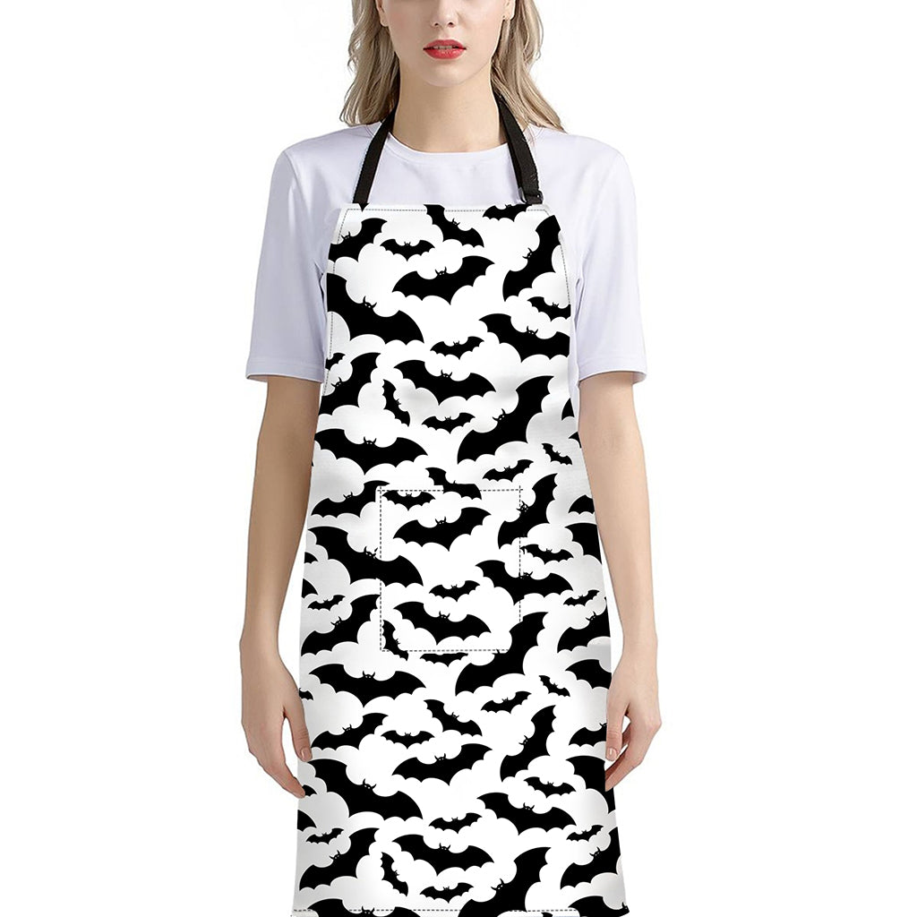 White And Black Halloween Bat Print Bib Apron With Pocket